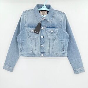 True Religion Women Jesse Blue Crop Trucker Jacket Sz XL Light Sparklin Pear NWT